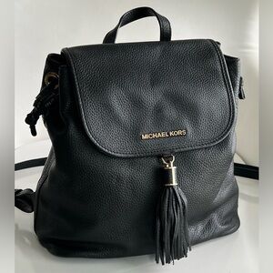 Michael Kors Bedford Black Drawstring Pebbled Leather Tassel Gold Logo Backpack